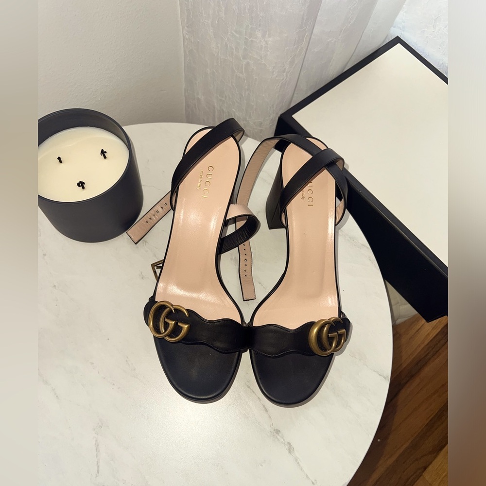 Gucci Marmont GG Platform Sandals Black Leather Block Heel EU 38 US 8